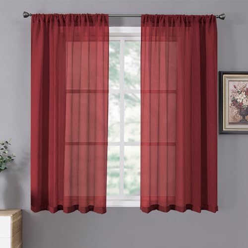Short Sheer Curtains Linen Textured Bedroom Curtain Sheers Light Filtering Rod Pocket Voile Curtains for Living Room (54"W x 45"L (Pack of 2) / Burgundy Red)