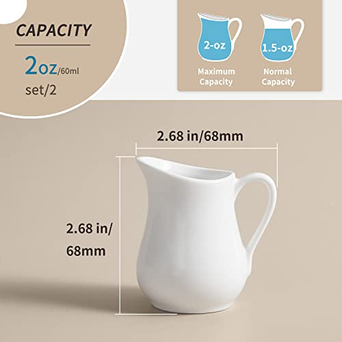 2 Oz (Set/2) Creamer with Handle,Small Classic White Fine Porcelain Creamer Pitcher, Small Milk Pitcher for Coffee Milk sauce - Microwave & Freezer Safe (White / 2 Ounces;(Set/2))