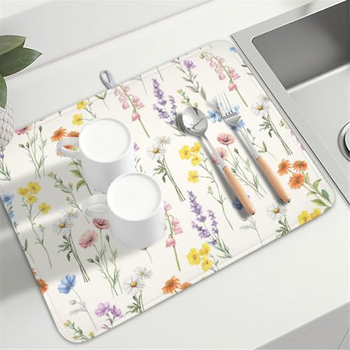 Spring Summer Colorful Floral Dish Drying Mat 18x24 Inch (Floral Colorful / 18" x 24")