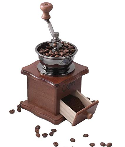 Manual Coffee Grinder Wood Vintage Antique Ceramic Hand Crank Coffee Mill With Adjustable Gear Setting Portable Hand Cleaning Brush Included (Wooden)