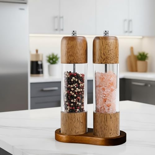 Wooden Salt and Pepper Grinder Set (8 Inches-2 Packs with Tray)