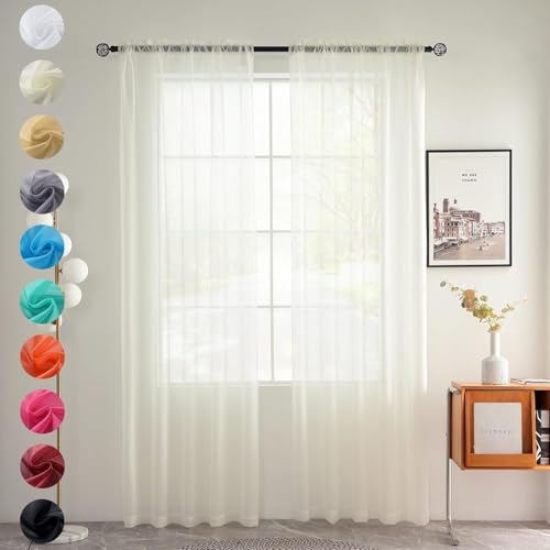 Solid Sheer Rod Pocket Curtain Voile Draperies 2 Panels Ivory Beige Black Grey Coffee 60 Inch Width 108 Inch Long 1 Pair for Kitchen Bedroom Children Living Room Yard (Ivory / 60"W x 108"L (Pack of 2))