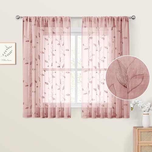 Blush Pink Kitchen Curtains Leaf Embroidered (52"W x 45"L (Pack of 2) / Blush Pink)