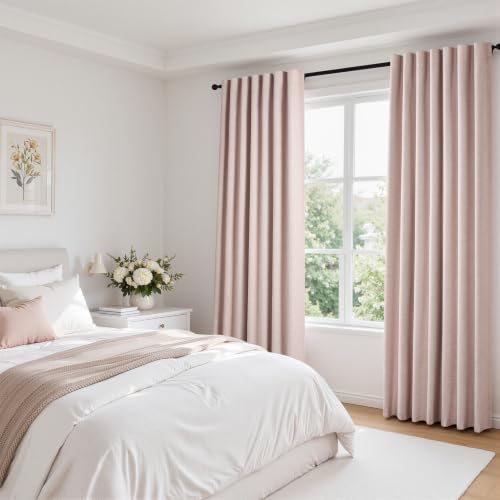 Soft Pink 100% Blackout Curtains Linen Blended Room Darkening Curtain Panels 95 inch for Living Room Bedroom Thermal Insulated Back Tab Drapes with Hooks Rings 8FT 52Wx95L 2 Panels (Soft Pink / 52"W x 95"L (Pack of 2))
