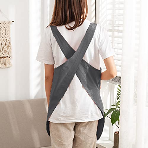 Cotton Cross Back Aprons Solid Color Cooking Kitchen Garden Smock for Women Girls with Pockets (Darkgrey / 37W x 32L)