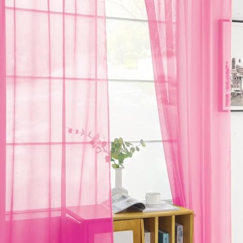 Solid Sheer Rod Pocket Curtain Voile Draperies 2 Panels White Beige Black Grey Ivory 70 Inch Width 84 Inch Long 1 Pair for Kitchen Bedroom Children Living Room Yard (Pink / 70"W x 84"L (Pack of 2))