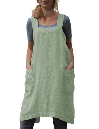 Women's Cotton Cross Back Pinafore with Big Pockets Practical Aprons for Gardening Works (Small / Light Green)