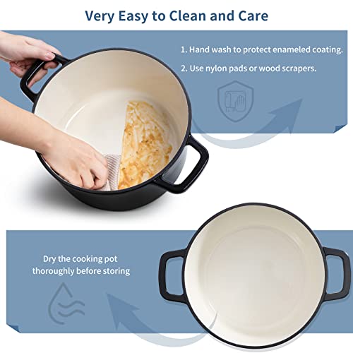 6 QT Enameled Cast Iron Dutch Oven Pot with Lid (Black / 6QT-Round)