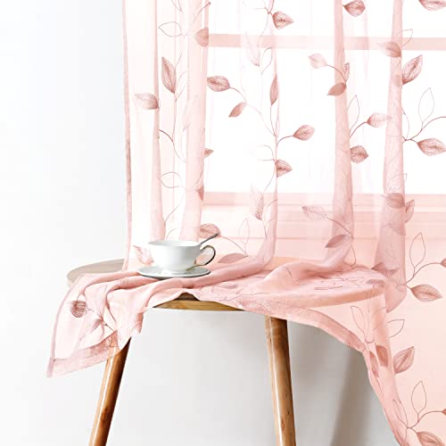 Blush Pink Sheer Curtains Leaf Embroidered (52"W x 63"L (Pack of 2) / Pink)