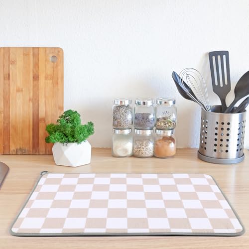 Dish Drying Mat for Kitchen Counter 16 x 24 Microfiber Absorbent Dish Drainer Rack Pads Fast Dry Mat Vintage Kitchen Decorations (16" x 24" / Checkered / Beige)