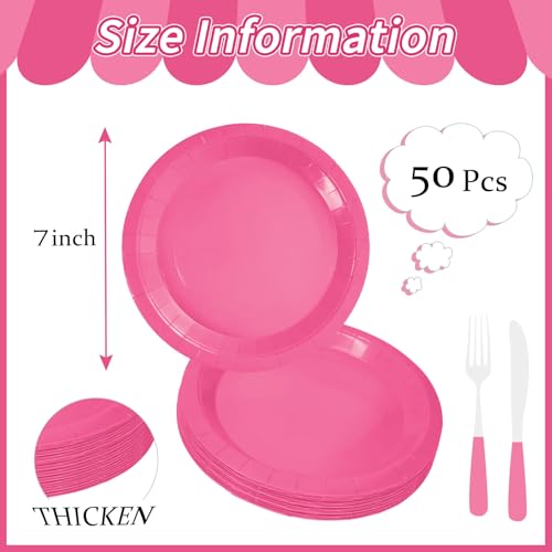 50 Pcs Hot Pink Paper Plates 7 Inch Hot Pink Dessert Plates Disposable Dinner Plates for Baby Shower Bridal Shower Birthday Party Supplies Disposable Paper Plates (hot pink dinner plates / 50 Pcs)