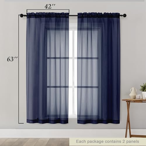 Sheer Navy Blue Curtains for Bedroom Living Room 63 Inch Length 2 Panels (Navy Blue / 42"W x 63"L (Pack of 2))