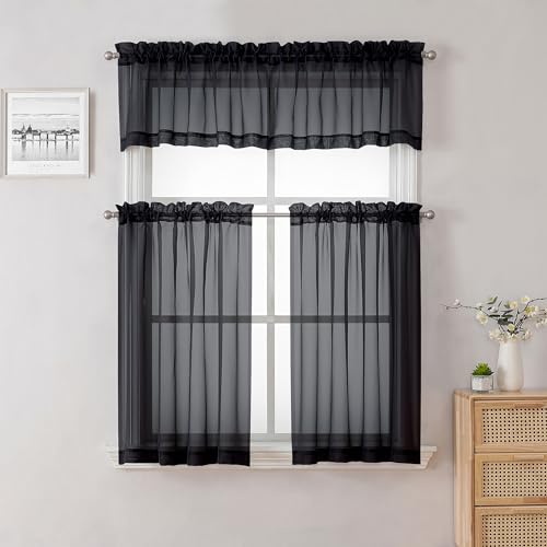 Black Sheer Valance for Windows 14 Inch Length 2 Pieces (Black / 40"W x 14"L (Pack of 2))