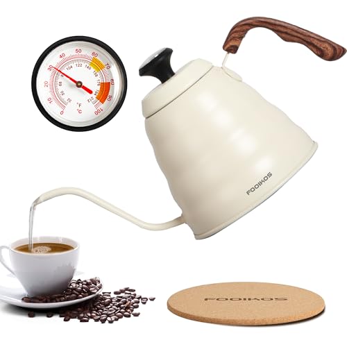 Gooseneck Kettle with Thermometer for Pour Over Coffee & Tea (White)