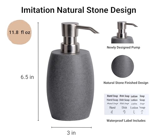 Sandstone Textured Resin Soap Dispenser with Metallic Pump and Waterproof Bottle Labels for Bathroom Kitchen Dish Hand Wash Shower Lotion Shampoo (Dark Gray)