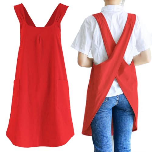 Women's Japanese Pinafore Cross Back Apron (12 - Women's Bright Red)