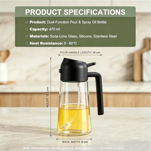 2-in-1 Olive Oil Sprayer for Cooking, Dispenser Bottle (Black) (Black)