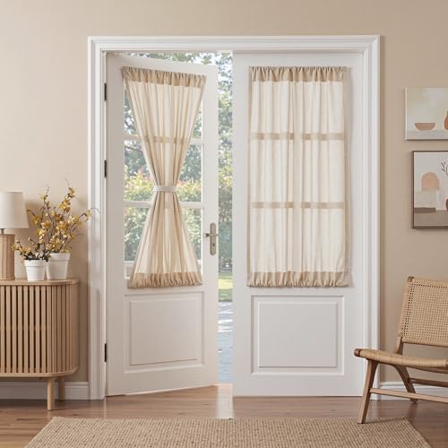 Oatmeal French Door Curtains for Door Window 40 Inch Length 2 Panels Short Semi Sheer Light Filtering Curtain for Glass Small Window Drapes Rod Pocket for Bedroom Bathroom (26"W x 40"L (Pack of 2) / Taupe)