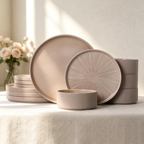 Stoneware Dinnerware Sets for 4 (Warm Brown / 4-Set(12pcs))