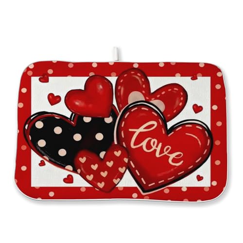 Valentines Dish Drying Mat 18x24 Inch Black Red Hearts Dish Drainer Protector Pad for Kitchen Counter Absorbent Holiday Love Drying Pad for Drainer Rack Kitchen Fast Dry (Love / 18" x 18")