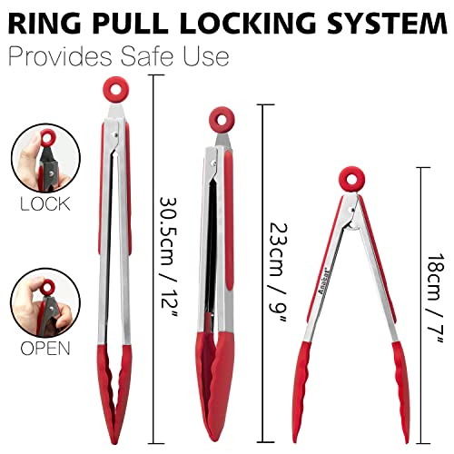 Non Stick Silicone Locking Tong Set of 3 (7+9+12 Inch / 3 Pcs Silicone - Red)