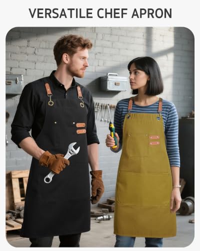 Chef Apron for Men Women Kitchen Cooking Apron with Pockets (Yellowish Brown Canvas)