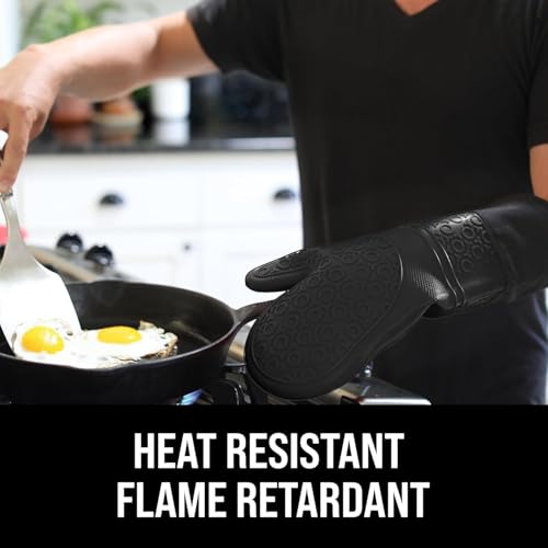 BPA Free Silicone Oven Mitts Ultra Heat Resistant up to 500°F (Black / 2-Piece 14.7" Oven Mitts)