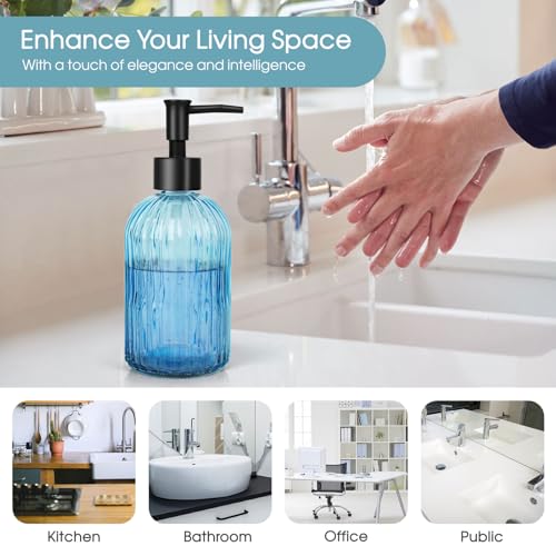 Stripe Glass Soap Dispenser with Black Plastic Pump (Plastic Pump / Light Blue)