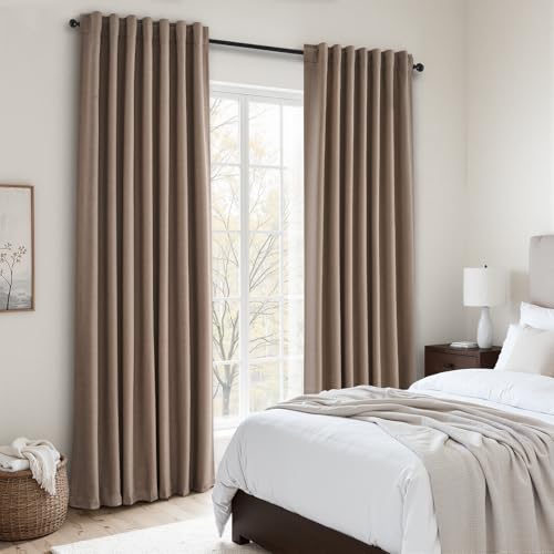 102 inch long blackout curtains 2 Panels 100% Black out Linen texture Curtain elegant Taupe Farmhouse Drapes with Back Tab Rod Pocket Light Blocking Thermal Insulated Panel for Bedroom Living Room (Faux Linen / 52"W x 102"L (Pack of 2))