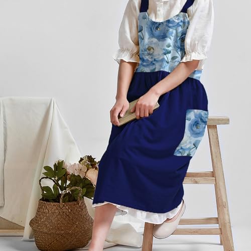 Cotton Linen Apron Cross Back Apron for Women with Pockets Pinafore Dress (Flora Navy Blue)