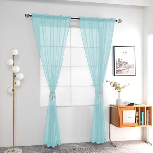 Solid Sheer Rod Pocket Curtain Voile Draperies 2 Panels White Beige Black Grey Ivory 52 Inch Width 90 Inch Long 1 Pair for Kitchen Bedroom Children Living Room Yard (Sky Blue / 52"W x 90"L (Pack of 2))