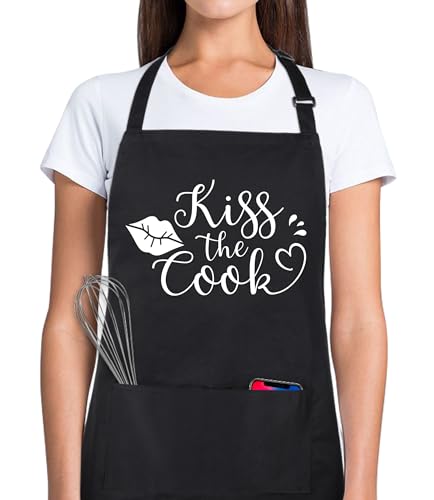 Funny Apron for Men Women 100% Cotton Kiss The Cook Adjustable Bib Aprons with 2 Pockets Funny Gifts Grilling Grill Kitchen Cooking BBQ Black (Kiss the Cook)