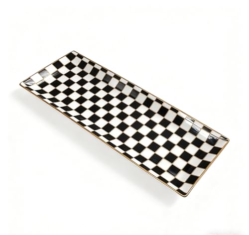 14 inch Checker Black and White Rectangle Serving Platters Set of 3 for Party (14 inches)