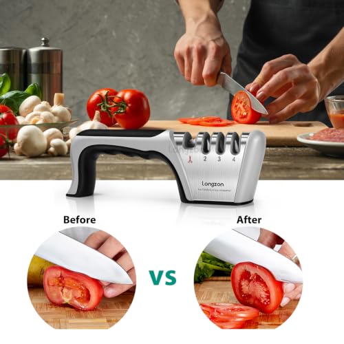 5-in-1 Knife Sharpener 4 Stage with Cut-Resistant Glove, Quickly Sharpens & Restores Dull Blades, Easy & Safe for Home Manual Kitchen Use, Fits Most Knives and Scissors, Black+Silver (Black+Silver)