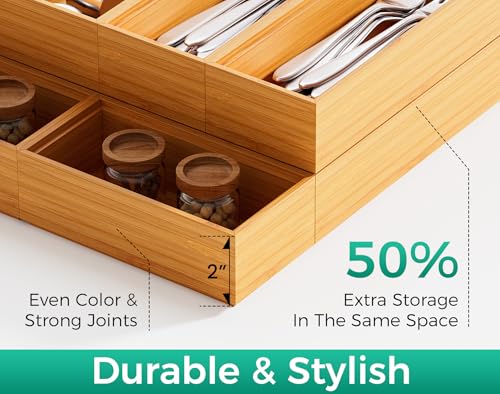 Bamboo Kitchen Drawer Organizer Boxes 12" x 6" Stackable Wooden Organizers (Bamboo / 12" x 6" x 2")
