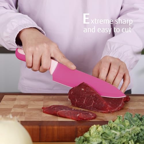 15 Pieces Kitchen Knife Set with Built (Hot Pink)