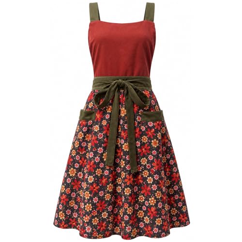 Pinafore Apron Dress for Women Adjustable Flower Work Aprons for Kitchen Cooking Baking Gardening with Pockets (Burgundy Red)