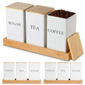 3 Pack Coffee Tea Sugar Container with Tray Airtight Metal Canister with Bamboo Lid Tray for Kitchen Counter Dining Room Farm House Kitchen Style Drink Station Organizer Set