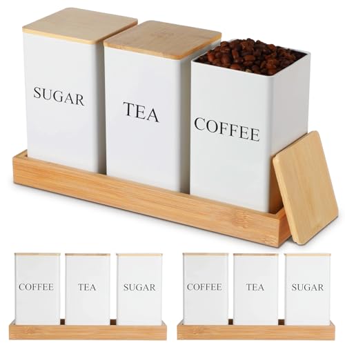 3 Pack Coffee Tea Sugar Container with Tray Airtight Metal Canister with Bamboo Lid Tray for Kitchen Counter Dining Room Farm House Kitchen Style Drink Station Organizer Set