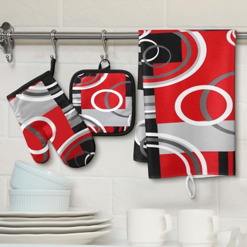 6 Pcs Kitchen Decor Set Accessorie Farmhouse Kitchen Towels Pot Holders Oven Mitts Set 2 Dish Towels 2 Pot Holders 2 Cooking Mittens Oven Glove for Cooking (Red and Black / Geometric)