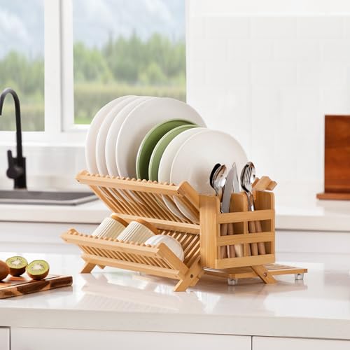 Bamboo 3 Tier Dish Drying Rack with Utensil Holder