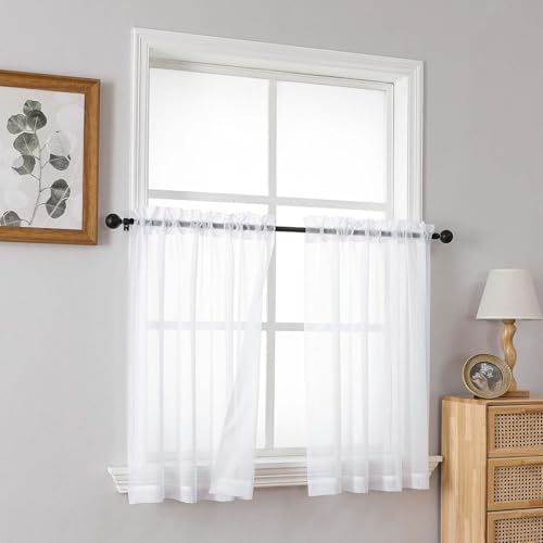 White Sheer Curtains Tier 36 Inches Length 2 Panels Set (42"W x 36"L (Pack of 2) / White)