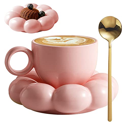 Ceramic Coffee Mug with Spoon Travel Sunflower Cloud Mug with Saucer 200ML Afternoon Tea Cup for Latte