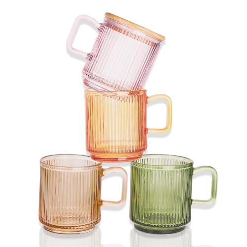 Ribbed Glass Coffee Mug with bamboo lids and handle (Colored)