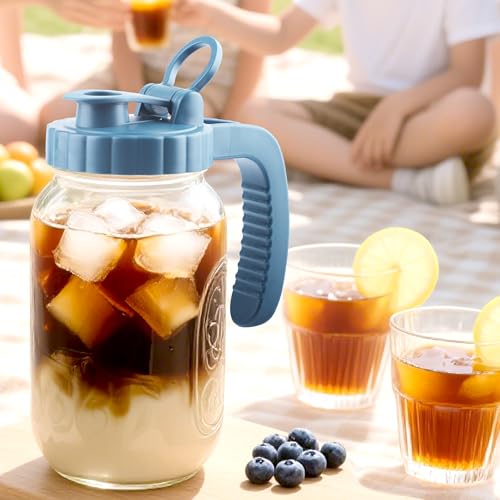 Mason Jar Pitcher With Stainless Steel Filter 64 OZ Wide Mouth Cold Brew Coffee Maker 2 Quart Glass water pitcher with lid Half Gallon Cold hot Tea maker For Lemonade Milk Juice Refrigerator (64 OZ)