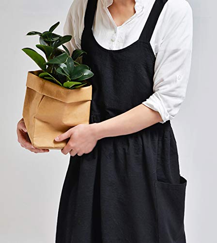 Japanese Cotton Cross Back Pinafore Apron for Women with Pockets Black (03 - Black Without Waist Ties)