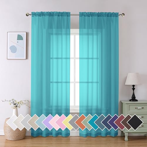Turquoise Sheer Curtains 90 Inches Long 2 Panels Set (42"W x 90"L (Pack of 2) / Turquoise)