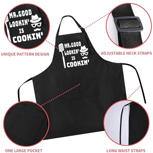 Funny Black Chef Aprons for Men Adjustable BBQ Kitchen Cooking Apron (Mr.good Lookin，is Cookin)