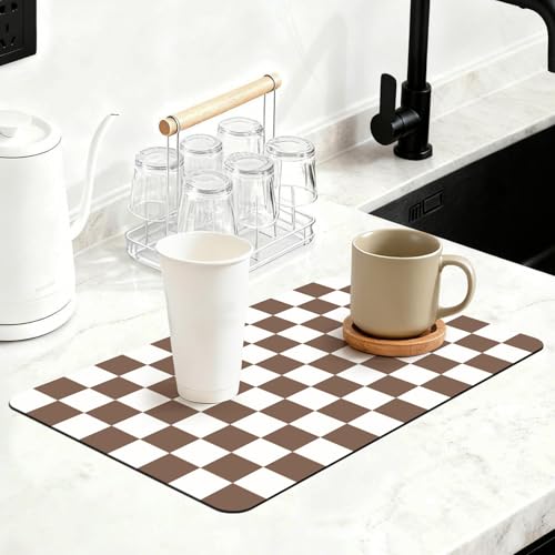 Checkered Dish Mat for Kitchen Coffee Station (Coffee Brown / 16" x 24")