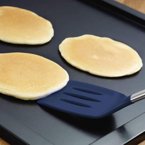 Silicone Cooking Utensil Set of 6 Stainless Steel Handle Ladle Slotted Turner Tongs Flex Core Spatula Scraper Mixing Spoon & Potato Masher (Deep Indigo)